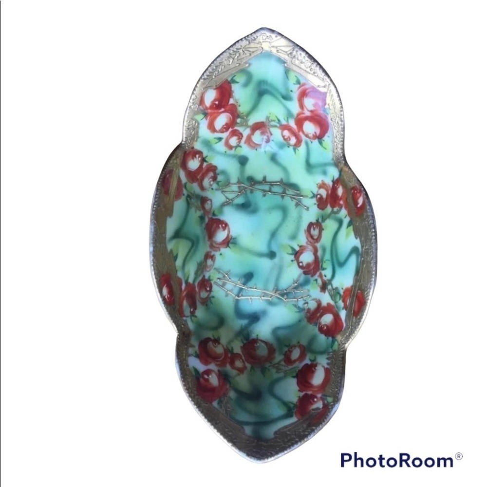 Vintage Nippon Hand Painted Japanese Oval Bowl Gold trim Ornate